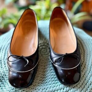 VTG Chanel Cocomark Leather Bow Ballet Flats Black EU 36.5 Classic CC